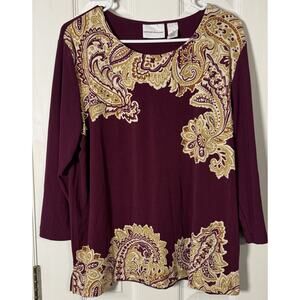 Alfred Dunner Maroon Long Sleeve Blouse, Tan/Brown Detail With Gold Studs, M